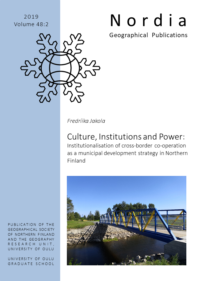 					View Vol. 48 No. 2 (2019): Culture, Institutions and Power: Institutionalisation of cross-border co-operation as a municipal development strategy in Northern Finland
				